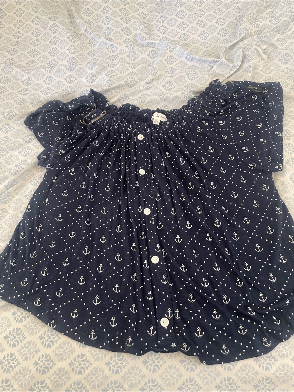 Off-Shoulder Navy Anchor Print Blouse